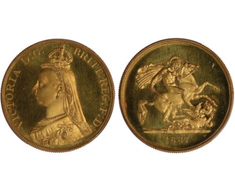 British Coins, Victoria, proof five pounds, 1887, small B.P. in reverse exergue, ‘Jubilee’ bust l., rev. St. George and the d