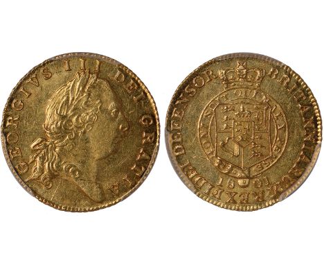 British Coins, George III, half guinea, 1801, sixth laur. head r., rev. crowned shield of arms within Garter (S.3736), certif