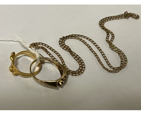 2 GOLD RINGS (1 9CT &amp; 1 HIGHER) &amp; A 9 CARAT GOLD CHAIN
