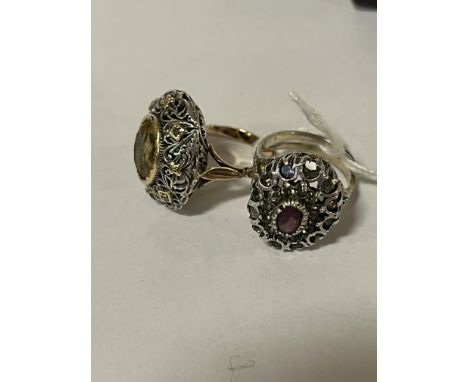 VICTORIAN GOLD RING WITH CITRINE GEMSTONE &amp; SILVER RUBY RING SIZES N/O