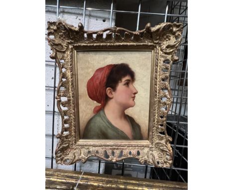 WALTER BLACKMAN 1847-1928 OIL ON PANEL - PORTRAIT OF YOUNG LADY WITH RED HEAD SCARF - SIGNED 20CM X 25CM EXCELLENT CONDITION