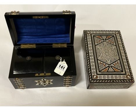 ANTIQUE EBONY TEA CADDY WITH MOTHER OF PEARL &amp; BRASS STUDS &amp; MOSAIC WOOD BOX  WITH INLAY BONE &amp; MOTHER OF PEARL