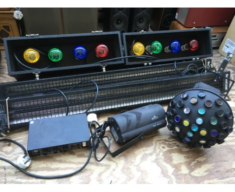A collection of DJ lighting and accessories.
