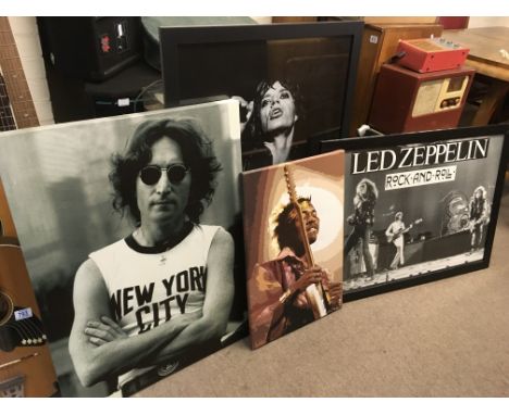 Two framed posters and two canvas prints of music legends comprising John Lennon, Led Zeppelin, Jimi Hendrix and Mick Jagger.