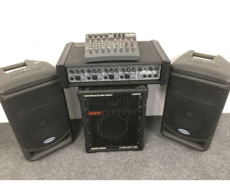 A Carlsbro Cobra PA100 head, a WEM song bird Cabaret 150 speaker, a pair of Samson speakers and a Soundcraft Spirit mixer (5)