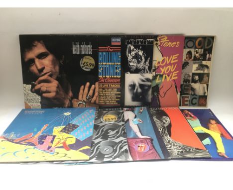 Ten Rolling Stones and solo LPs comprising 'Tattoo You', 'Steel Wheels', 'Emotional Rescue' and others.