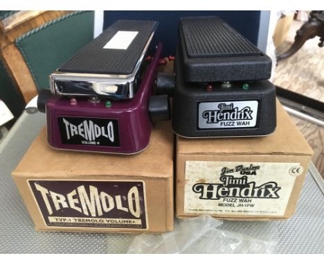 Two vintage Jim Dunlop guitar pedals comprising Hendrix Fuzz Wah and a Tremelo pedal together with an Arion Equalizer pedal, 