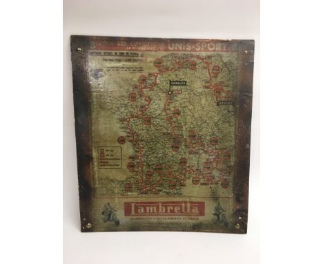 A vintage Lambretta motor racing map of France pasted on to a wooden panel, total approx 54cm x 60cm.