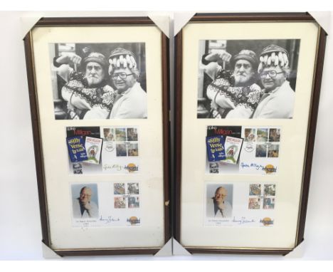 Two framed and glazed signed First Day Cover displays signed by Spike Milligan and Harry Secombe.