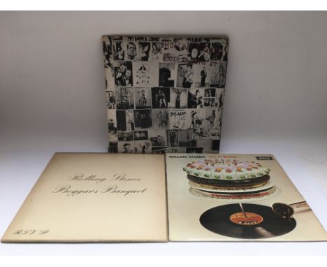 Three early UK pressings of Rolling Stones LPs comprising 'Beggars Banquet', 'Let It Bleed' and 'Exile On Main Street'.