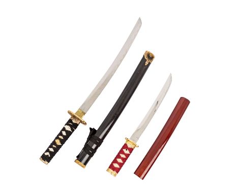   WAKIZASHI UND TANTO,  modern, Klinge Stahl (stumpf) und Edelstahl, Metalltsuba vergoldet, Griffwicklung, Schwertscheide Kun