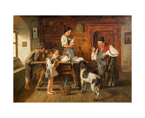   STIERHOF, ERNST (1918-?), "Bauernfamilie mit Hasen in der Stube",  o.re. signiert und bezeichnet 'Stierhof, Mchn.', Öl/Lein