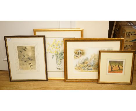 Four watercolours and prints including a still life of flowers, garden scene and an etching of flying geese, largest 38 x 32c