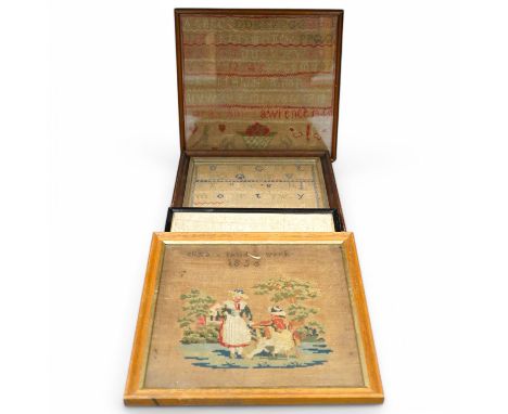 Four Victorian cross stitch samplers. One by Sarah Ann Lawrence dated 1845, another by Eliza Land dated 1856, the other two a