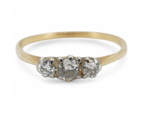 A yellow metal and three stone diamond set ring, size R/S, gross weight 2 grams. Condition - poor to fair