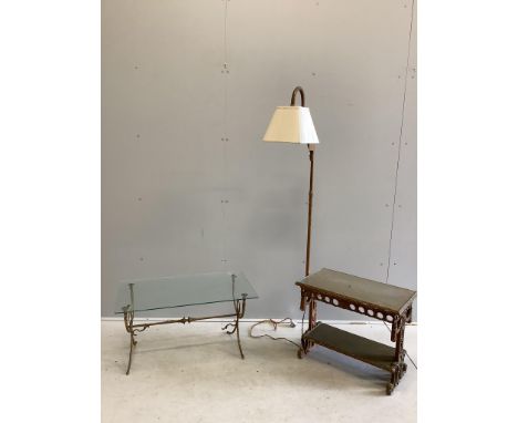 A rectangular gilt metal glass top coffee table, width 79cm, depth 46cm, height 40cm, together with a gilt composition two ti