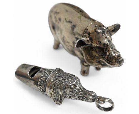 A modern silver novelty vesta case modelled as a pig, by David A. Bowles, London, 1902, 62mm, together with a novelty sterlin