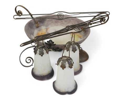 A Noverdy Art Deco wrought iron and glass plafonnier, 35cm in diameter. Condition - good, minor wear