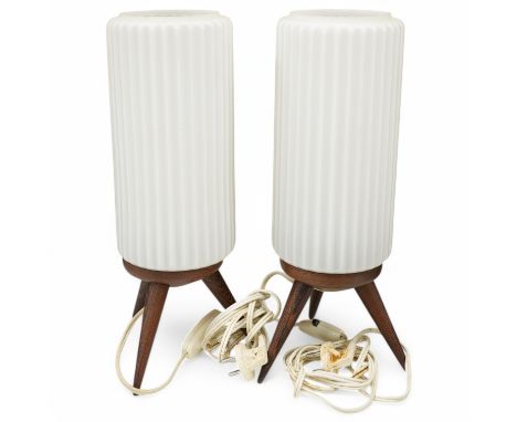 A pair of mid century modernist ribbed frosted glass shaded table lamps on three wooden tripod legs. 36cm high. Condition - g