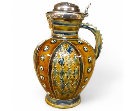 A Victorian silver mounted Doulton Lambeth stoneware wine jug, 19cm high. Condition - good