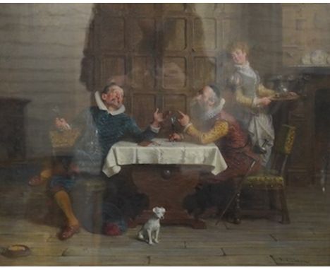 Alfred Holst Tourrier (1836-1892), oil on canvas, Interior scene with figures wearing Tudor dress, signed, 41 x 55cm, ornate 