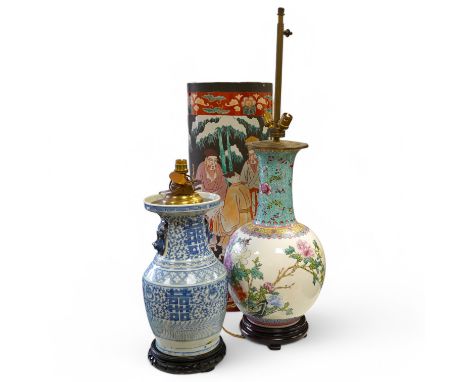 Two Chinese porcelain vases converted to lamps, together with a stick stand (repaired), largest 78cm high overall. Condition 