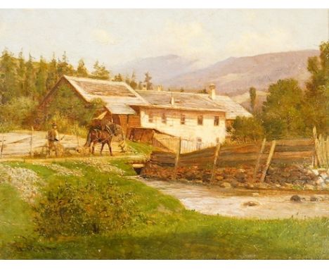 Attributed to Hermann Reisz (1865-1920), oil on panel, Continental farmstead, signed, applied plaque to the frame, 16 x 22cm.