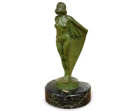 After Max le Verrier (1891-1973), a patinated metal bookend on marble base, 19cm. Condition - fair to good