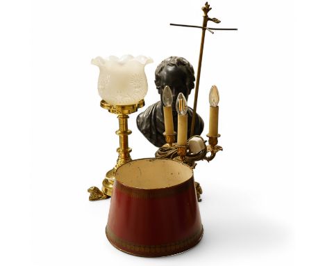 A plaster library bust possibly Keats?, an ormolu three light table lamp with red tole shade, 63cm high, and a large brass ca