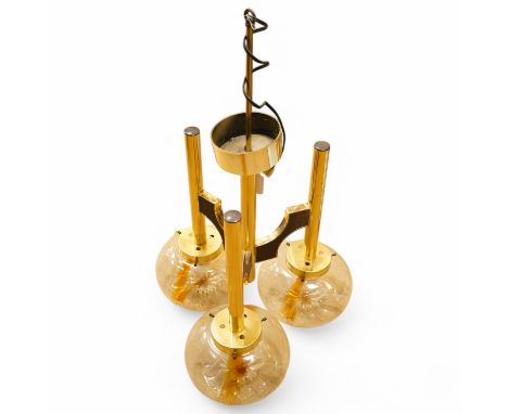 In the manner of Sciolar,  a mid century three light brass and glass light fitting, 53cm high. Condition - good