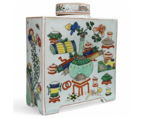 A Samson, Paris square shaped famille verte tea caddy and cover, 14cm x 16.5cm. Condition - minor flaws to glazing