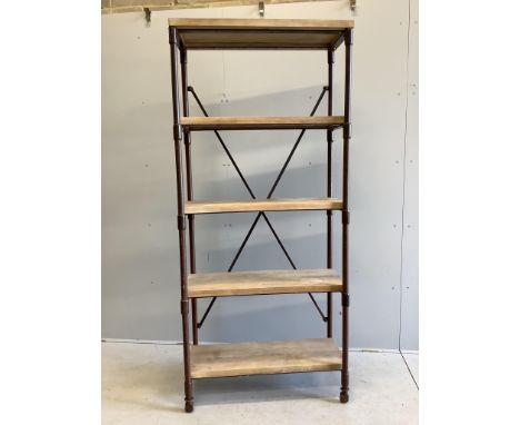 An industrial style open shelf unit, width 90cm, depth 39cm, height 202cm. Condition - fair