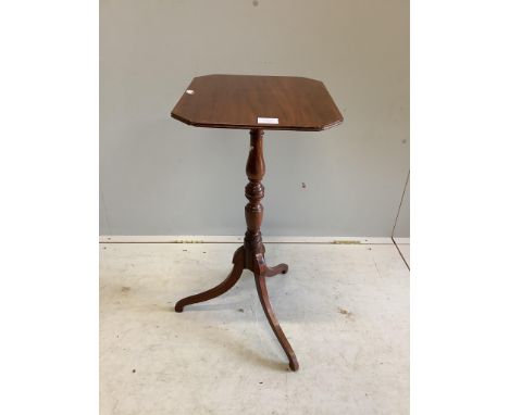 A Regency octagonal mahogany tripod wine table, width 42cm, depth 35cm, height 73cm. Condition - fair