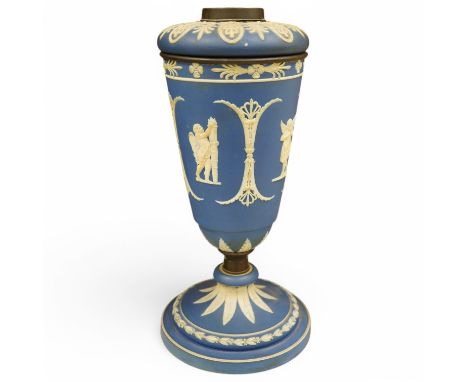 A Victorian blue Jasper oil lamp base, 37cm high. Condition - minor firing cracks to the design in places Small chip to white