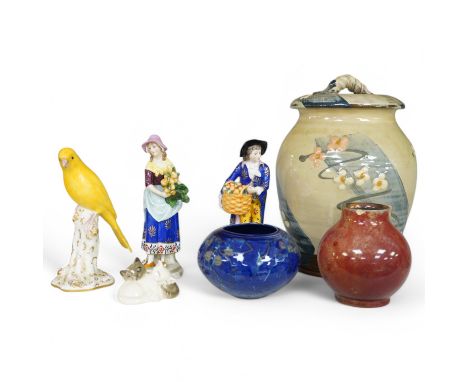 A Royal Lancastrian vase and a Dupuy vase and a Sally Shrimpton studio floral pottery jar and cover, a small group of mixed c