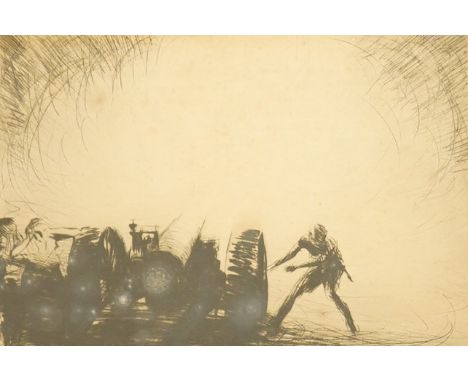 James McBey (Scottish, 1883-1959), etching, 'A 65 pounder opening fire’, signed in ink and dated 1918 in the plate, 22 x 31cm