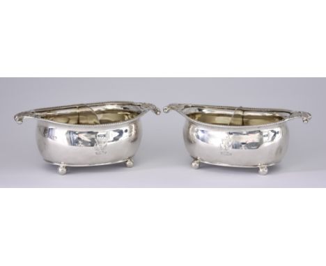 A Pair of George III Silver and Silver Gilt Oval Double Salt Cellars, by Robert Hennell II, London 1809, with gadroon mounts 