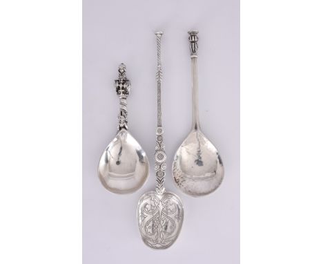 Three Silver Spoons, comprising - "Anointing" spoon, by John Millward Banks, Chester 1910, 8.75ins overall, seal top spoon, b