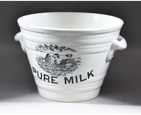 A White Glazed Two-Handled Ceramic Milk Pail, Early 20th Century, the body moulded with six bands, with black transfer printe