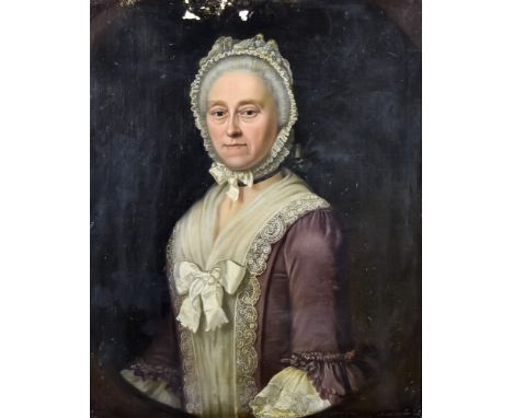 Mid-18th Century English School, Circa 1740&nbsp;- Oil painting - Half length portrait of a lady wearing lace trimmed silk dr