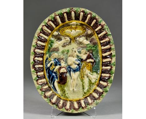 A French Palissy-Style Lead Glazed Dish of the Baptism of Christ, 10.25ins