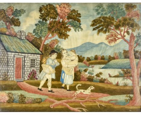 A Late Georgian Silk and Wool Work Panel, worked in colours, with gentleman, lady and child leaving a cottage on tree lined p