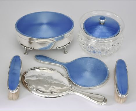 Three George V Silver and Blue Enamel Dressing Table Items and Three Other Pieces, the three items by Charles and Richard Com