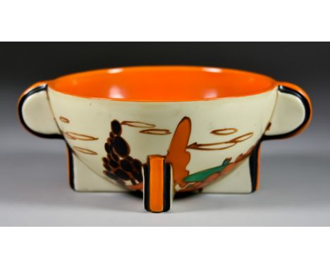 A Clarice Cliff "Orange Trees and House" Pattern Bowl, Newport back stamp, 7.25ins diameter across handles x 2.75ins highA fe