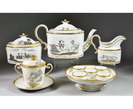 A Collection of Spode Bat-Printed Porcelain, Circa 1800, Pattern 557 with gilt stripe border, including oval teapot and cover