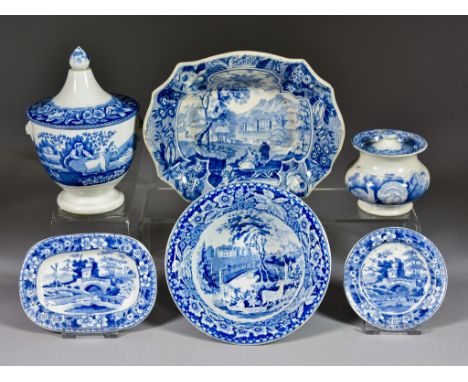 A Collection of Blue and White Transfer Printed Pottery, 19th Century, including - a circular 'Spode's Tower' plate 3ins diam