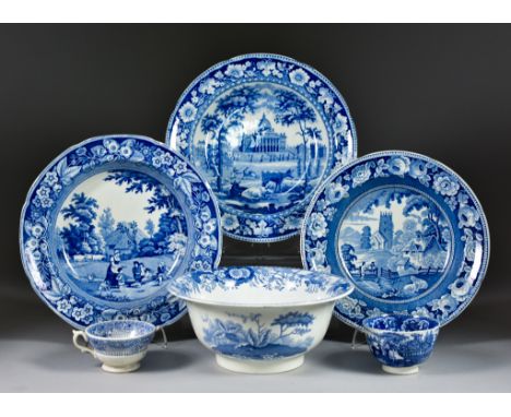 A Selection of English Blue and White Transfer Printed Pottery, including - tea bowl in Musk Deer pattern 3.5ins diameter, Sp