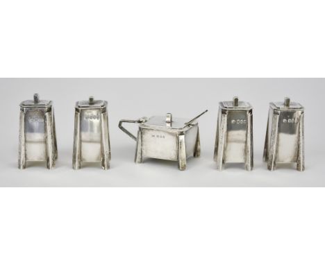 An Edward VIII Silver Five Piece Condiment Set of Art Deco Design, by Charles Boyton, London 1936, of square tapered form com