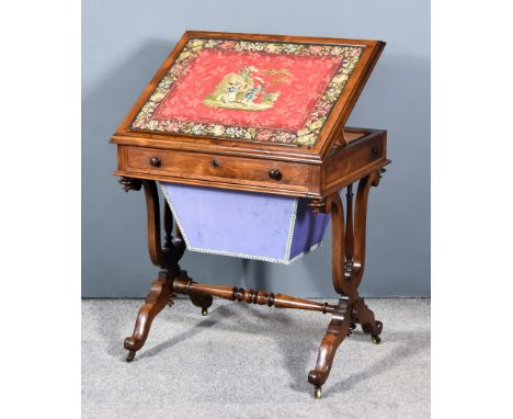 A Victorian Rosewood Work Table, the top inset with needlework panel and with moulded edge, fitted one frieze drawer and pull