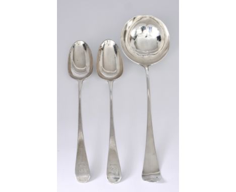An Early George III Silver Old English Pattern Soup Ladle and a Pair of Gravy Spoons, the soup ladle maker's mark indistinct,
